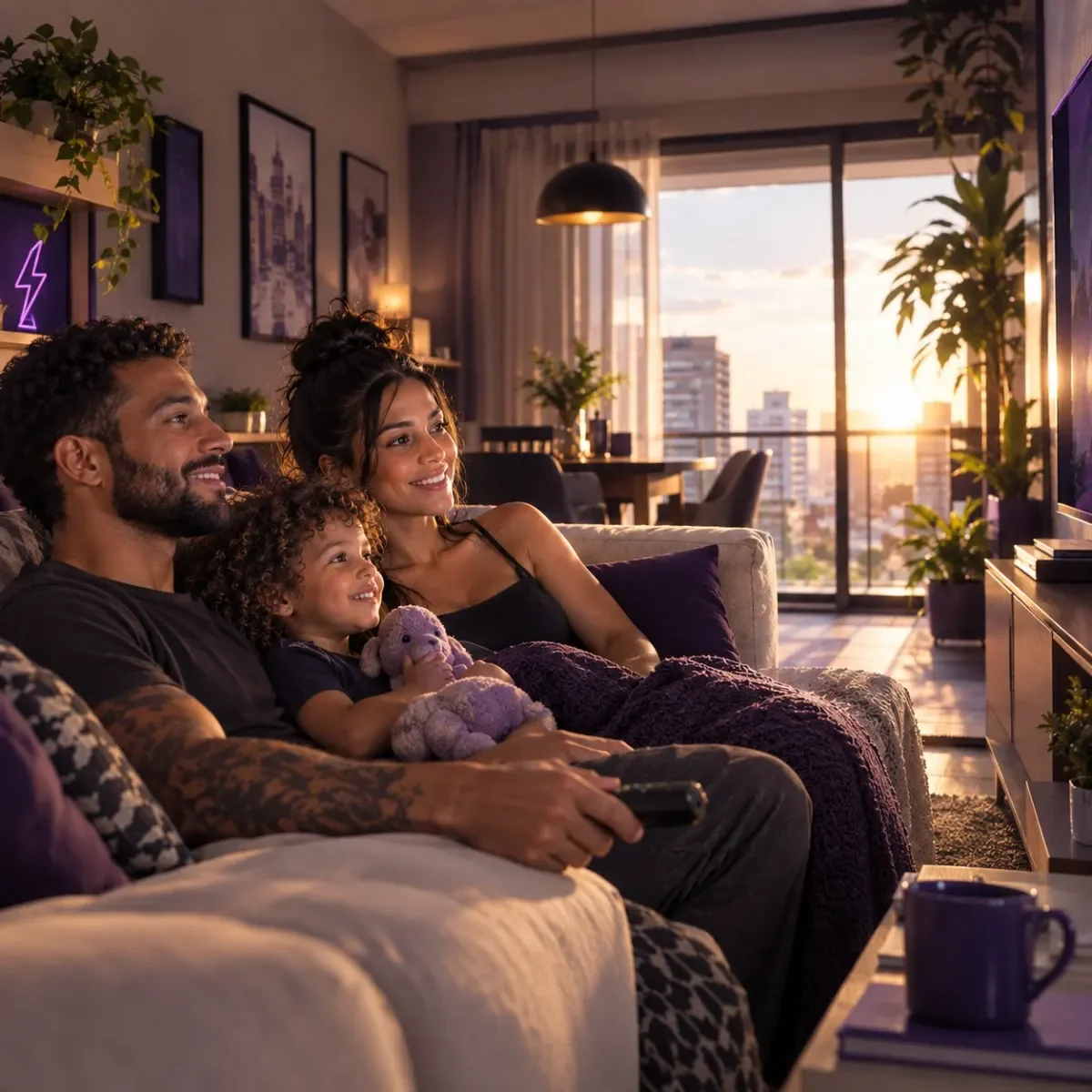 Família no sofá de casa ao pôr do sol